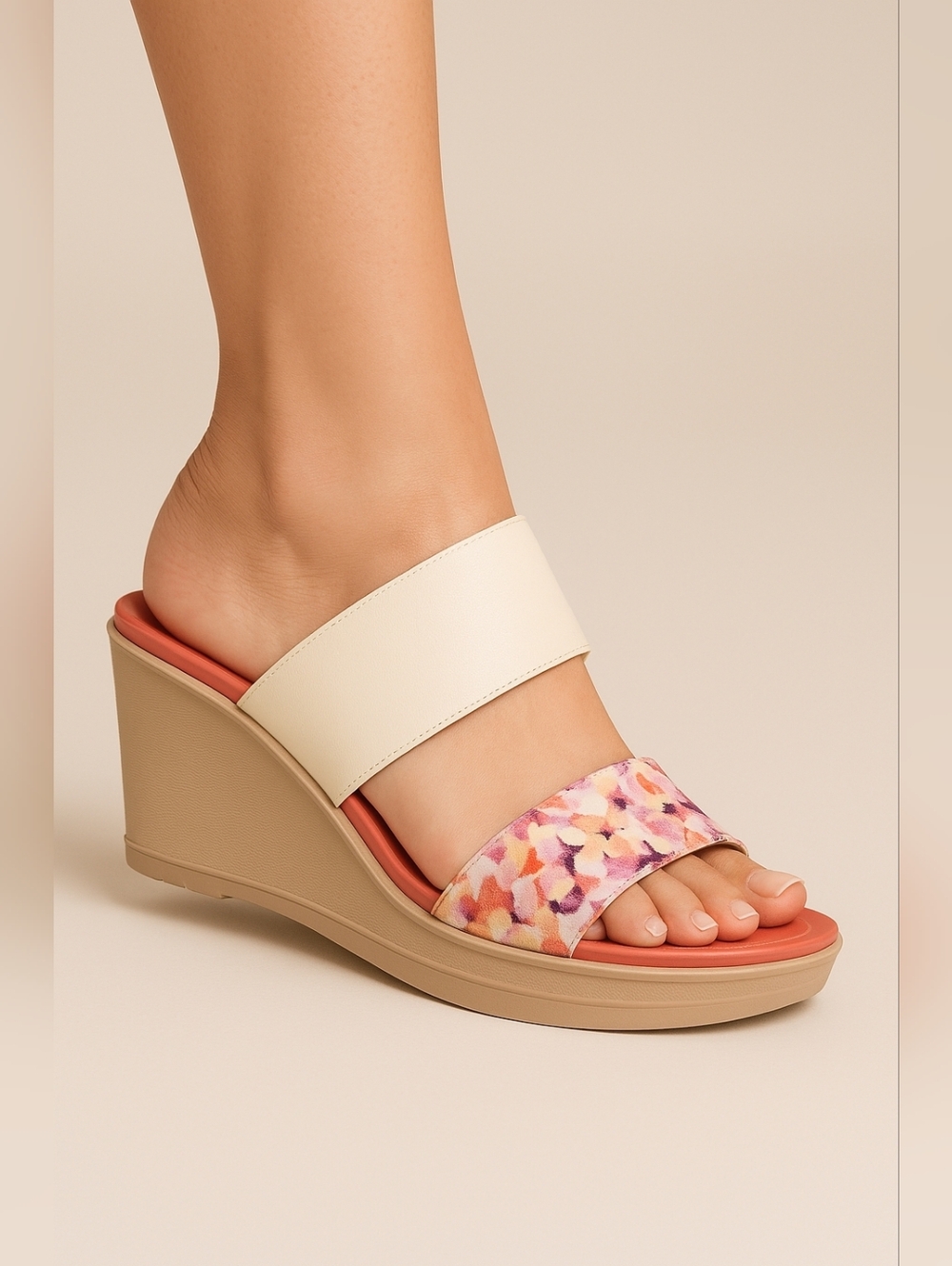 CROCS Coral Footbed Floral & Cream Wedge Slides